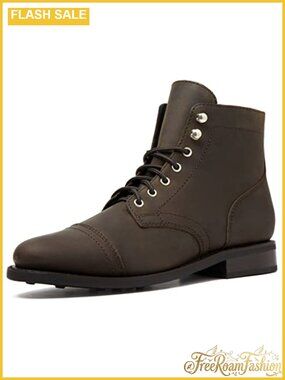 Leather Cap Toe Ankle Boots Lace-Up Block Heel Work Boots